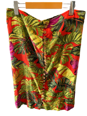 Maison d’Amélie Linen Blend Tropical Wood Button-Front L Pull-On Midi Skirt